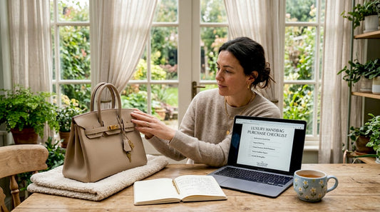 Woman reviewing luxury handbag checklist at table