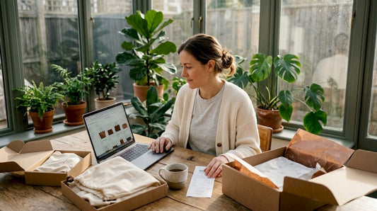 Woman sourcing designer bags at home table
