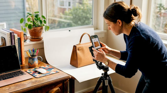 Photographer prepping designer bag photo at home