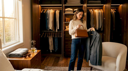 Woman evaluating luxury closet items in bedroom