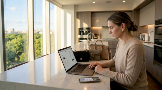 Woman completes luxury checkout at kitchen island