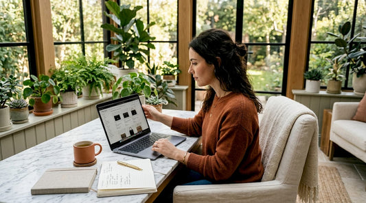 Woman researching luxury marketplace at bright desk