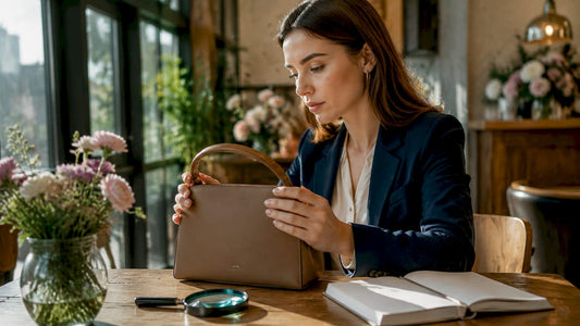 Woman inspecting designer handbag authenticity