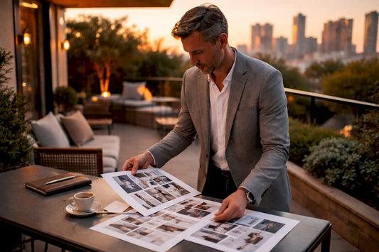 Marketing manager reviewing luxury campaign materials
