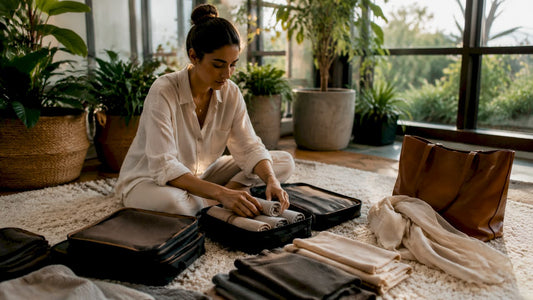 Woman packing designer clothes at home