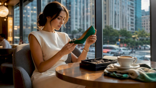 Woman styling luxury shoes with outfit