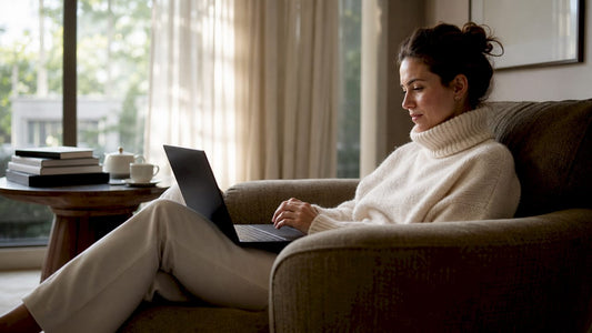 Woman browsing luxury fashion marketplaces on laptop