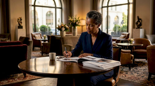 Businesswoman reviewing luxury membership documents