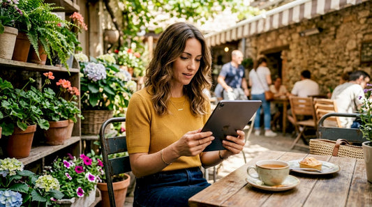 Woman browsing luxury marketplace on tablet