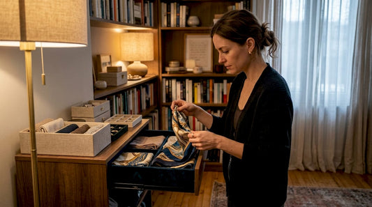 Woman organizing luxury accessories in home closet