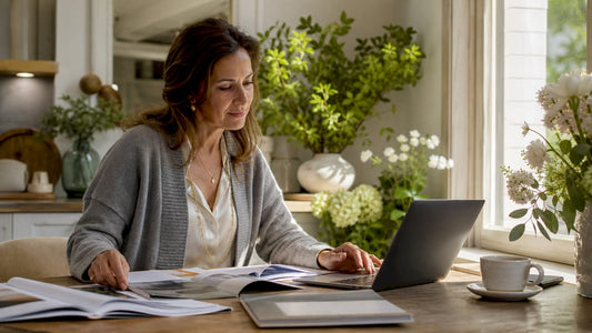 Affluent woman researching luxury brands at home
