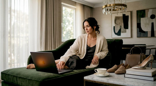 Woman browsing luxury fashion websites on laptop