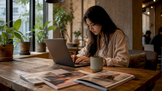 Woman researching luxury brands on laptop