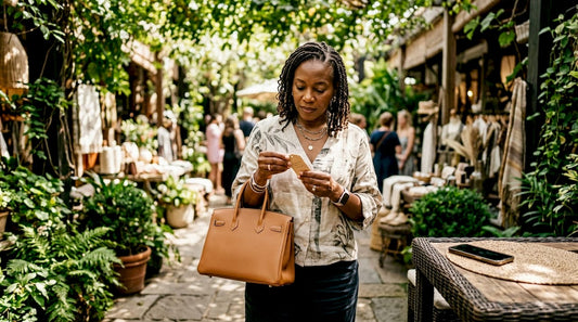 Woman inspecting luxury handbag price tag in boutique