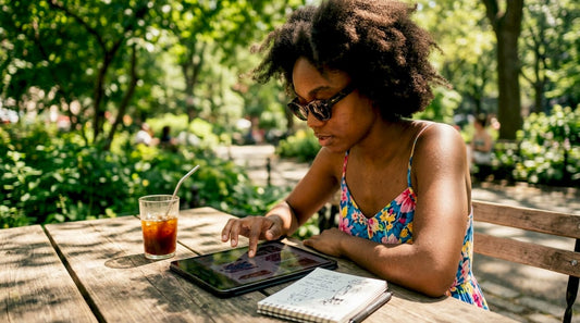 Woman using fashion shopping app in café