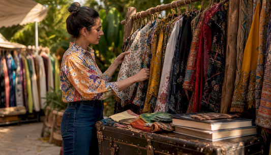 Fashion curator arranging garments in gallery space