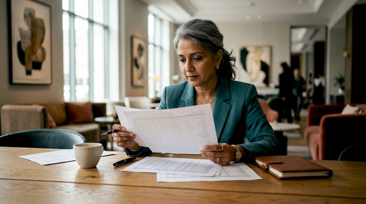Luxury brand executive reviewing pricing reports