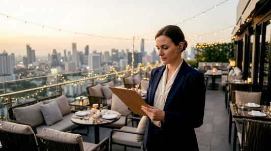 Luxury event planner reviewing guest list at ballroom