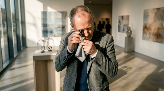 Man inspecting luxury watch with loupe