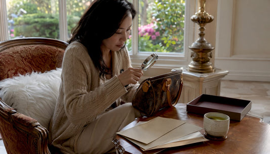 Collector inspecting vintage designer handbag