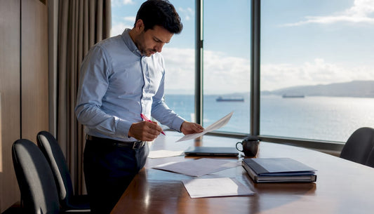 Logistics manager reviewing shipping documents in office overlooking port