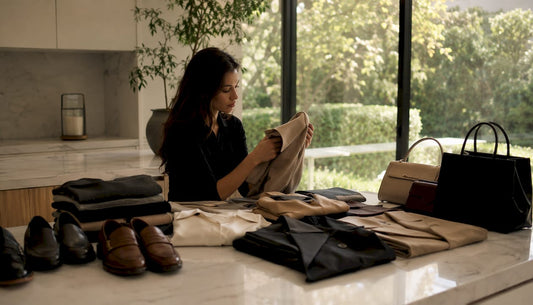 Woman organizing luxury capsule wardrobe in closet