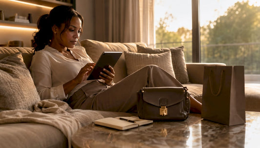 Woman researching luxury bags online at home