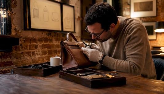 Authenticator inspecting luxury handbag details