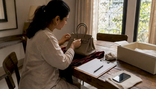 Woman inspecting luxury bag for consignment