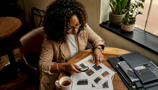 Woman reviewing designer authentication papers at desk
