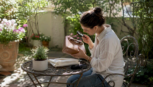 Woman inspecting designer handbag for authenticity