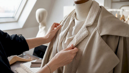 Hands styling layered luxury fabrics on mannequin