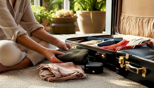 Hands packing carry-on suitcase with luxury essentials