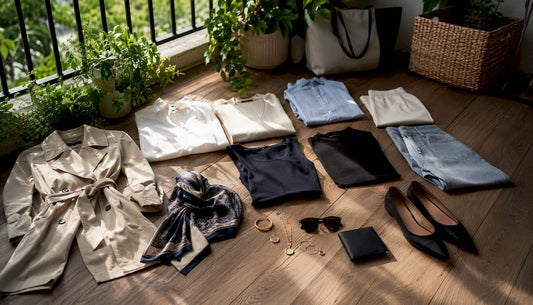 Flat lay of travel capsule wardrobe items