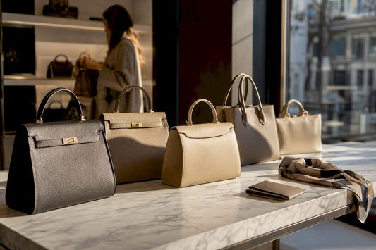 Hands sorting luxury handbags during sale