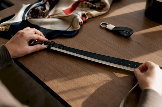 Hands measuring a designer belt with tape