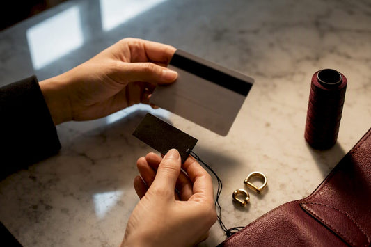 Hands comparing authenticity card and product tag
