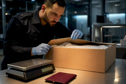 Customs officer inspecting international luxury parcel