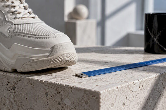 Sneaker toe beside centimeter measuring strip