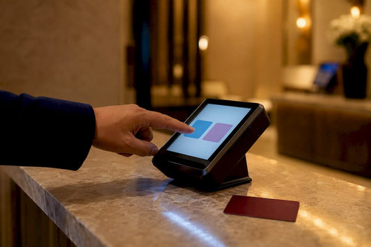 Traveler choosing currency at checkout terminal