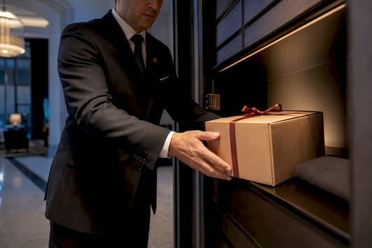 Concierge placing parcel in hotel receiving cabinet