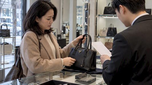Buyer reviewing Prada handbag price adjustment