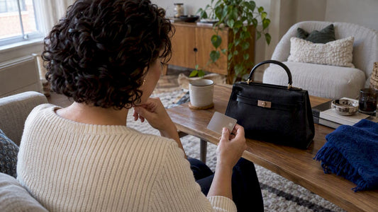 Shopper comparing payment card with luxury handbag