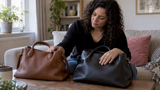 Woman comparing smooth and pebbled handbags