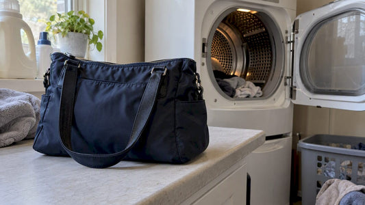 Nylon handbag kept outside an open dryer