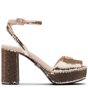 Prada 95 Sequin Block Heel Platform Sandal Gold Enamel