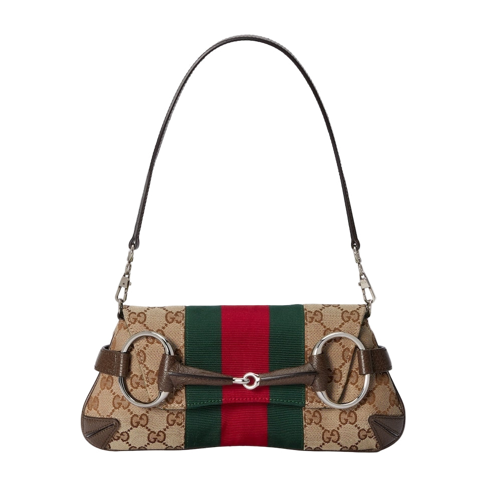 Designer handbag with distinctive pattern and colors on a light gray background