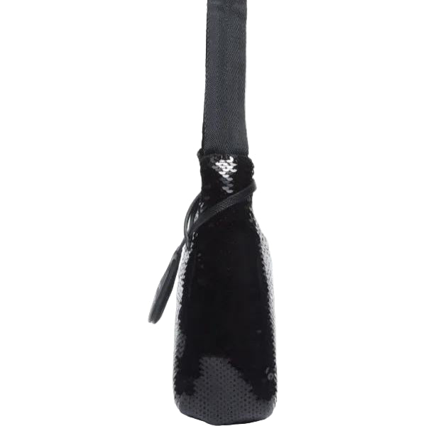 Black sequin handbag on a white background