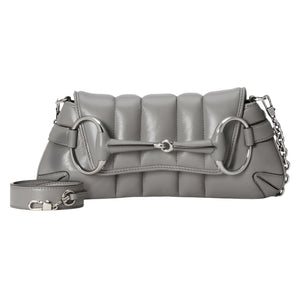 Gray quilted Gucci Horsebit handbag with a chain strap on a light gray background