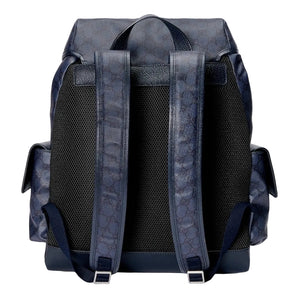 Backpack with patterned blue straps on a light gray background